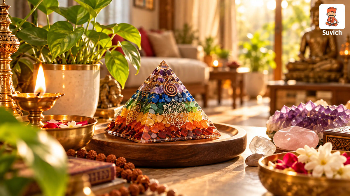 Colourful seven chakra pyramid displayed on a shelf in a peaceful home meditation space
