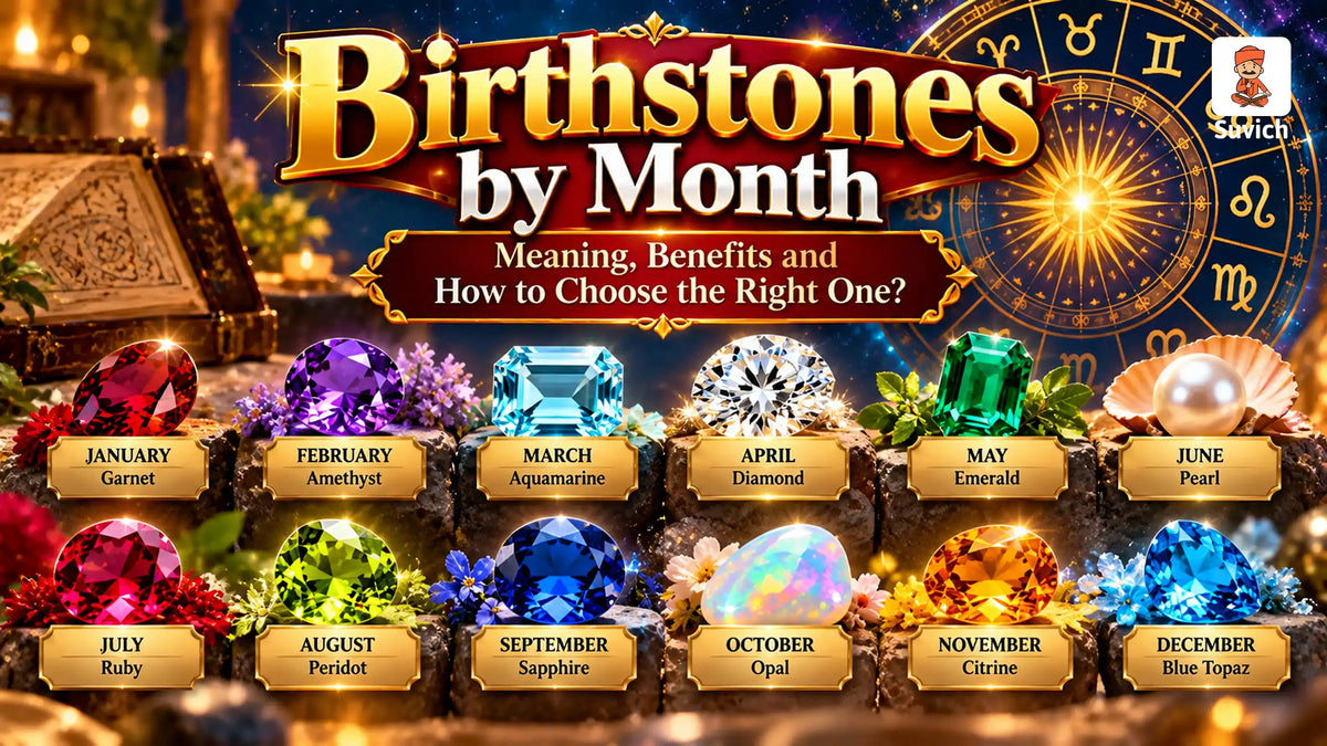 Birthstones by month featuring garnet, amethyst, aquamarine, diamond, emerald, ruby and other gemstones