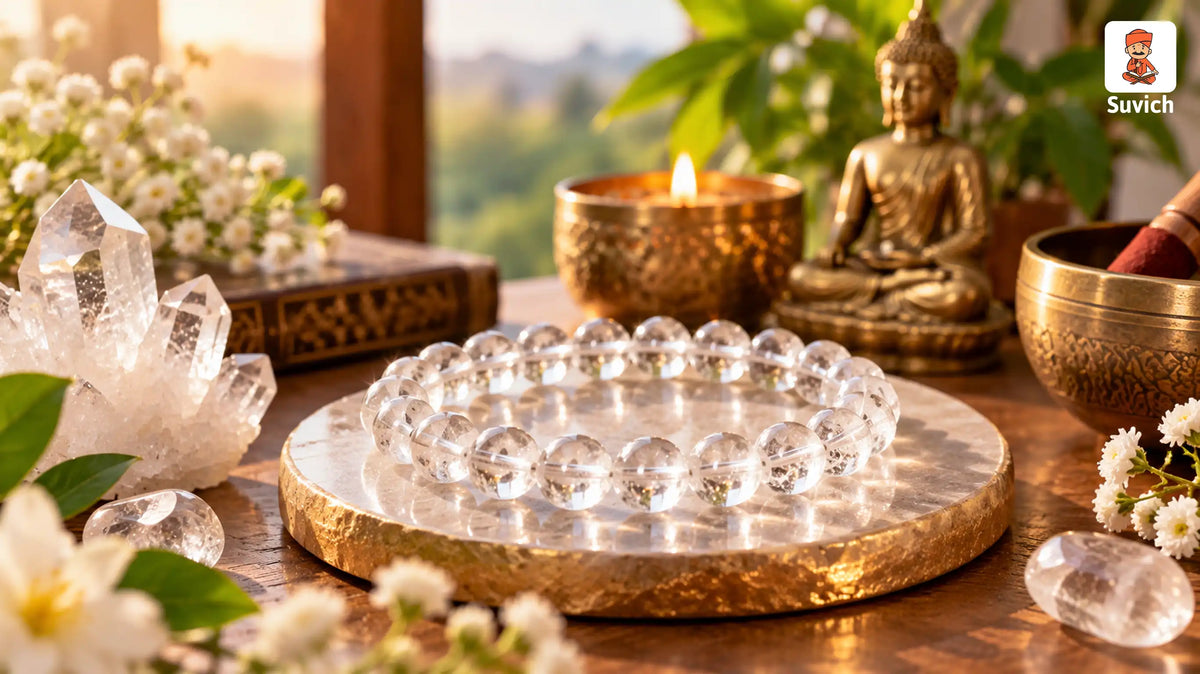 Clear quartz crystal bracelet displayed with transparent quartz crystals in a peaceful spiritual setting