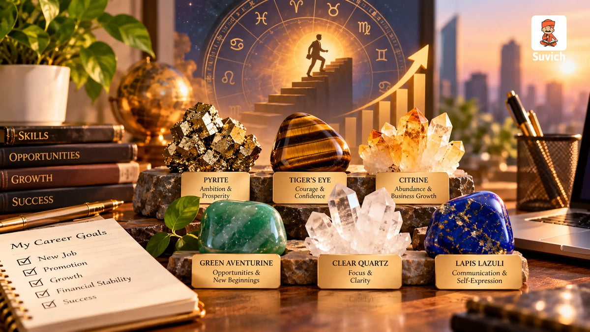 Six crystals traditionally associated with career growth, including pyrite, tiger's eye, citrine, green aventurine, clear quartz, and lapis lazuli.