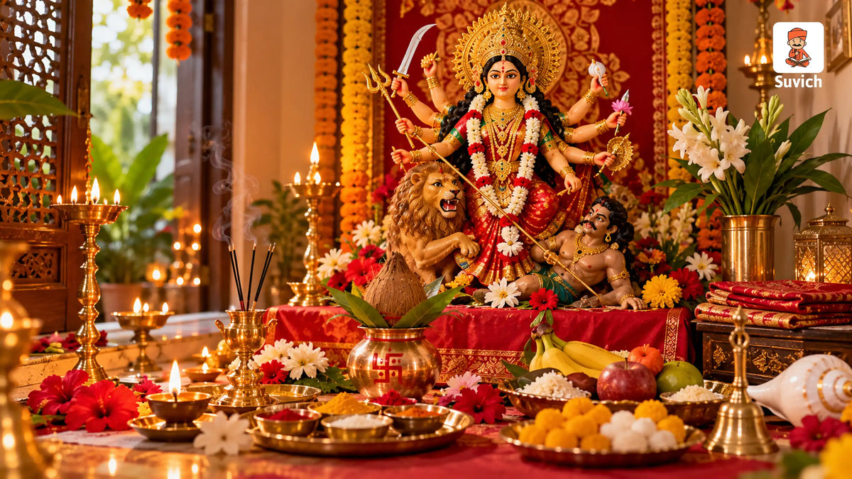 Maa Durga idol with flowers, diya, incense, and traditional puja items arranged in a home worship space