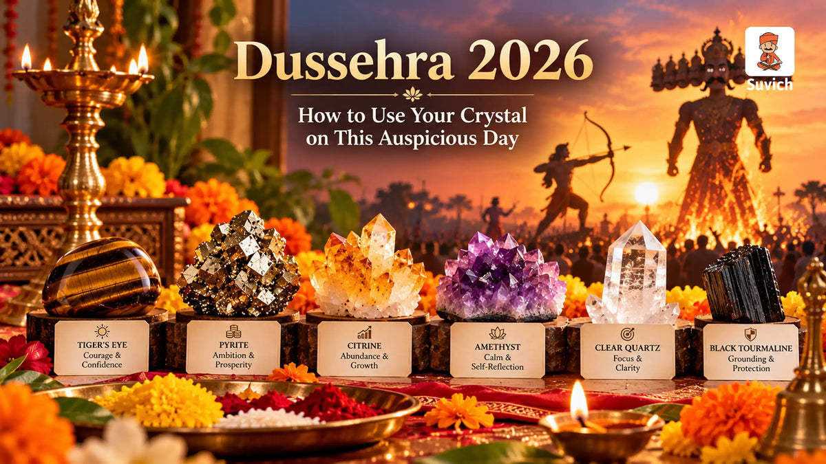Tiger's eye, pyrite, citrine, amethyst, clear quartz, and black tourmaline crystals with a Dussehra celebration in the background.