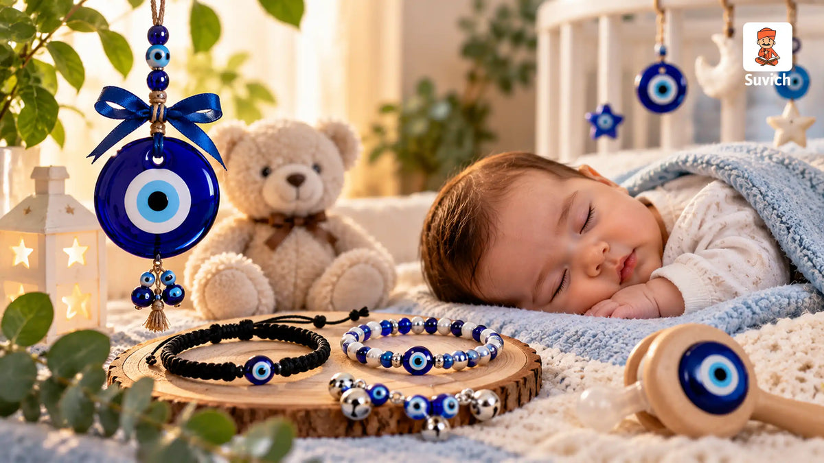 Blue Evil Eye charm and traditional Nazar accessories beside a peacefully sleeping baby