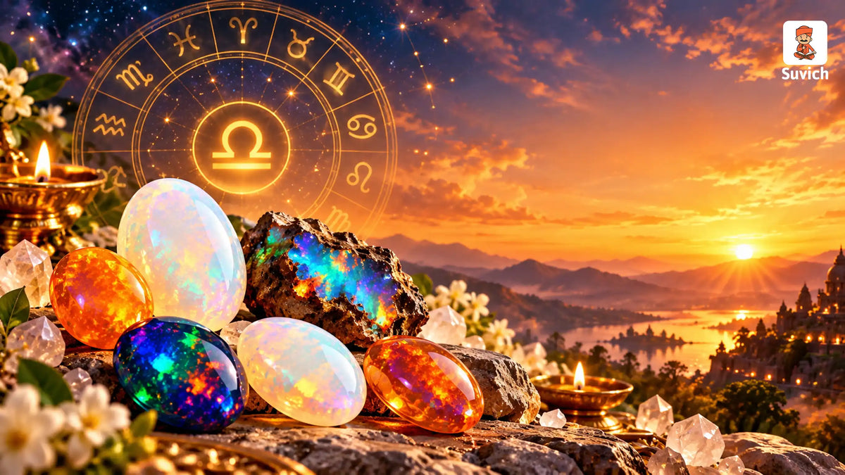 Colourful Opal gemstones with a zodiac wheel and golden sunset