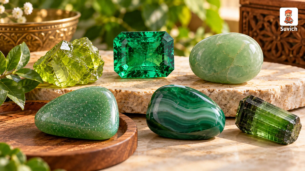 Five green gemstones considered alternatives to Panna, including Peridot, Jade, Aventurine, Onyx, and Tourmaline.