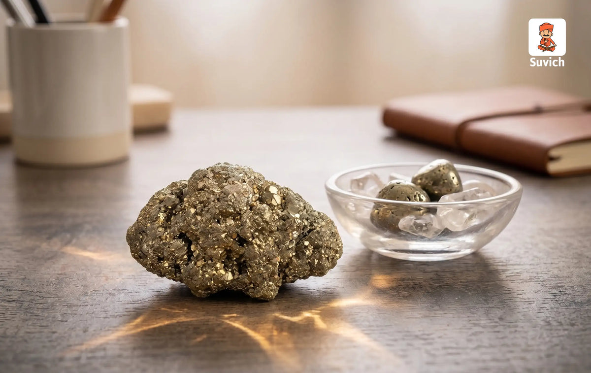 Natural Pyrite Stone placed on an office desk to attract wealth, prosperity, confidence, focus, and positive energy according to astrology.