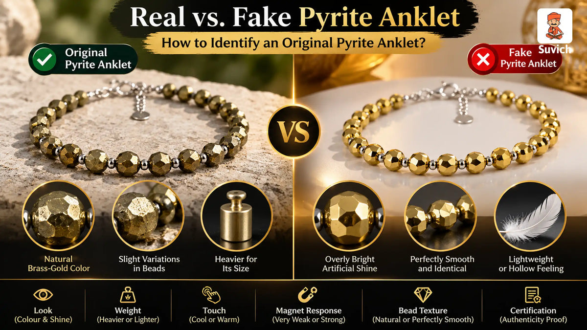 Real vs. fake pyrite anklet showing differences in bead texture, color, and metallic shine.