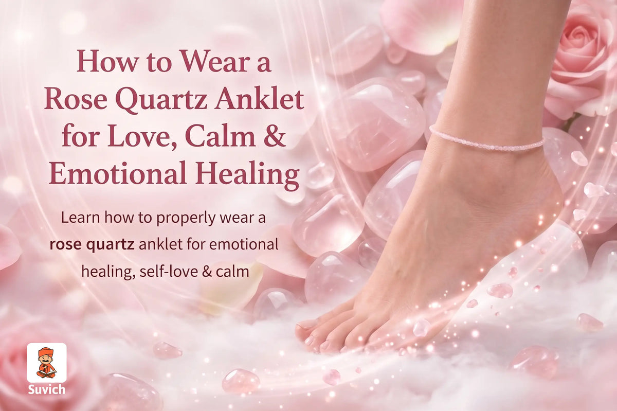 How to wear a Rose Quartz Anklet on the left ankle for love, emotional healing, self-love, and inner peace according to Vedic astrology and crystal healing.