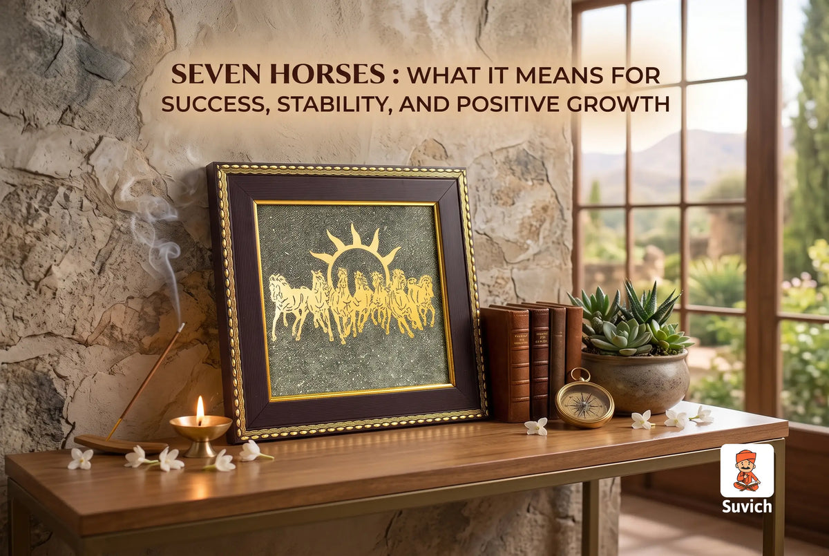 Seven Horses Frame with Raw Pyrite placed as a Vastu remedy for success, financial prosperity, positive energy, and career growth in a home or office.