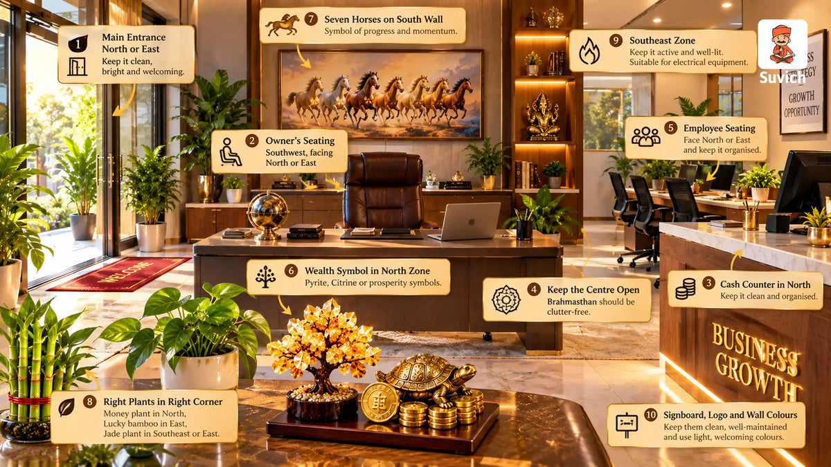 Vastu-inspired office with an organised owner's desk, healthy plants, seven horses painting, and traditional prosperity symbols.