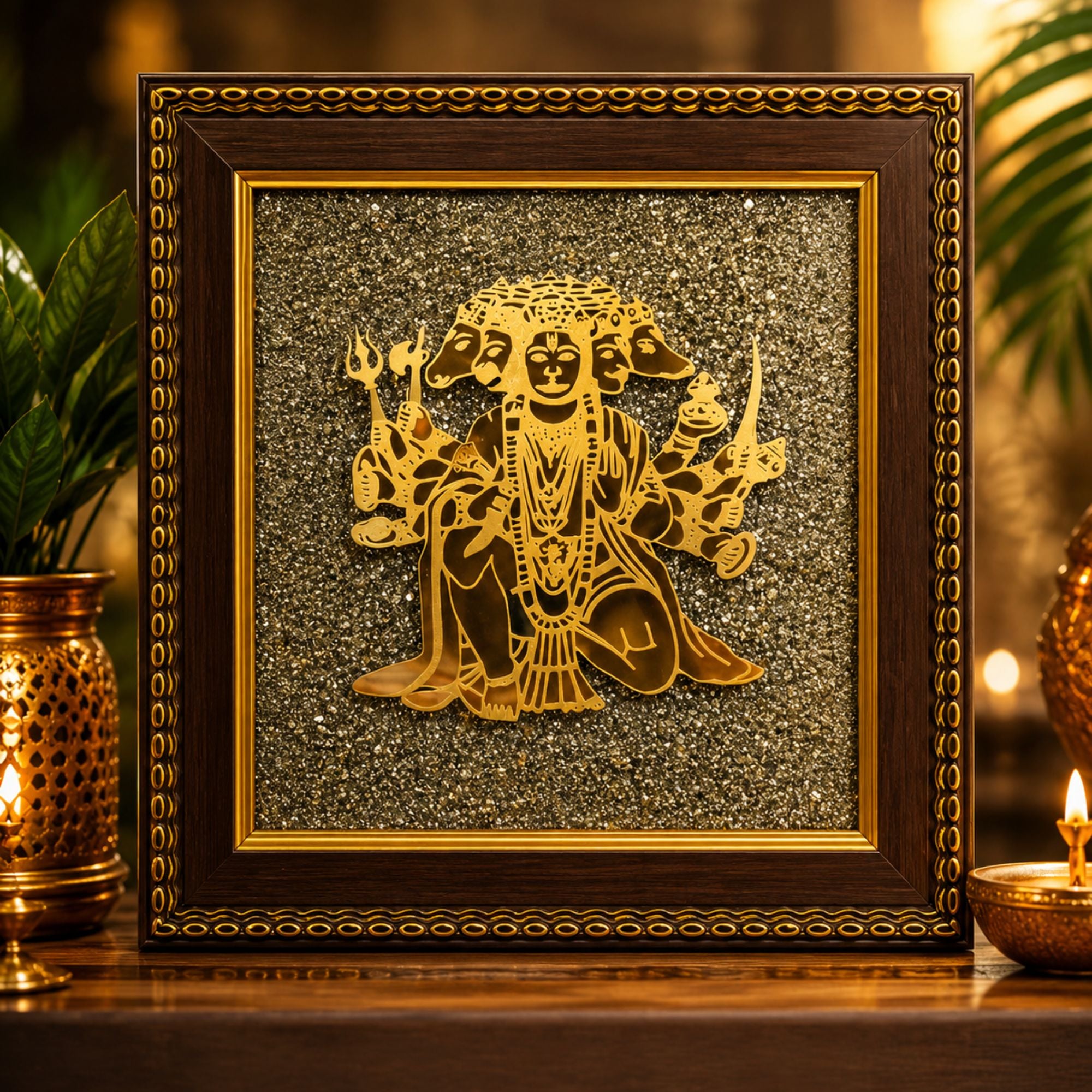 Panchmukhi Hanuman Pyrite Frame – Protection, Wealth & Positive Energy